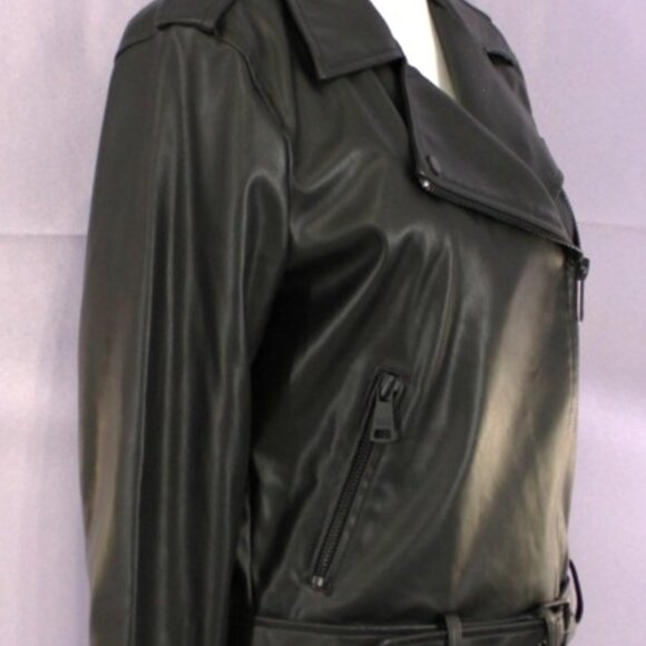 NEW DKNY Black Faux Leather Moto Jacket – Belted Waist, Asymmetrical Zip Size M - Picture 2 of 16
